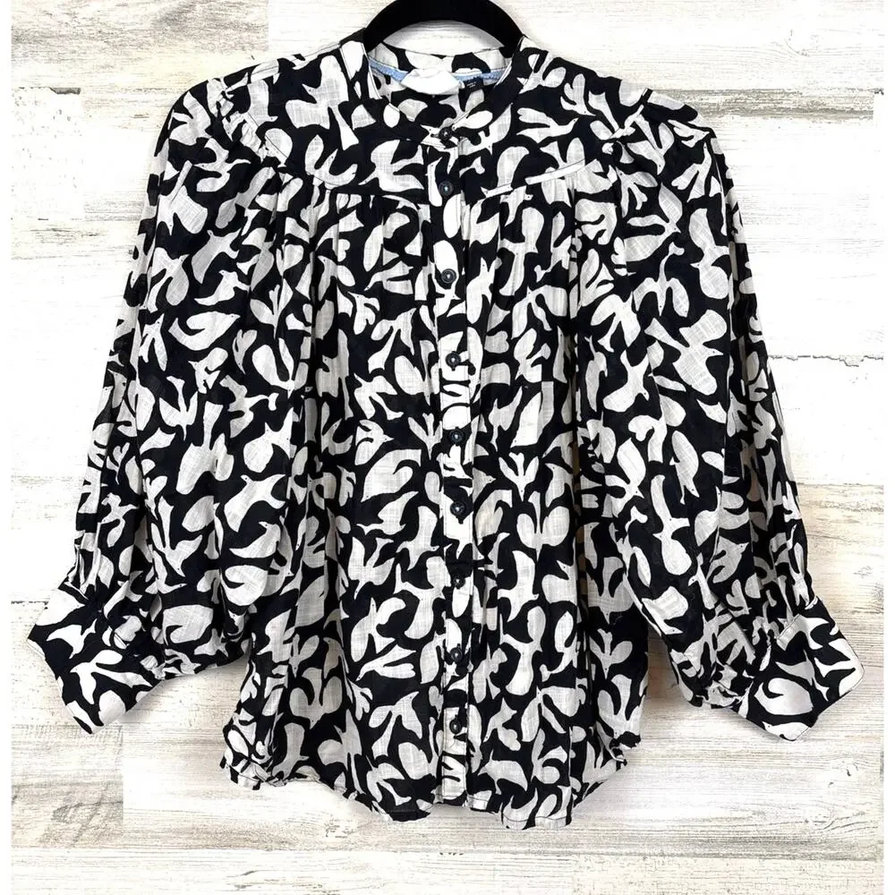 Anthropologie Danielle Kroll Womens XS Floral Puff Sleeve Blouse NEW Cotton